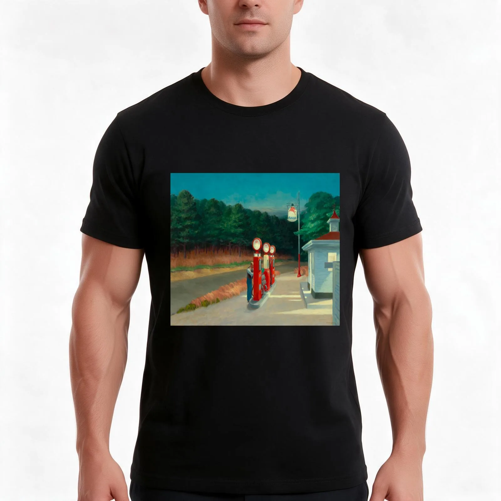 Edward Hopper - Gas, Art reproduction T-Shirt, Summer Casual Cotton Tee, Oversized Streetwear Tops, Vintage Graphic Print