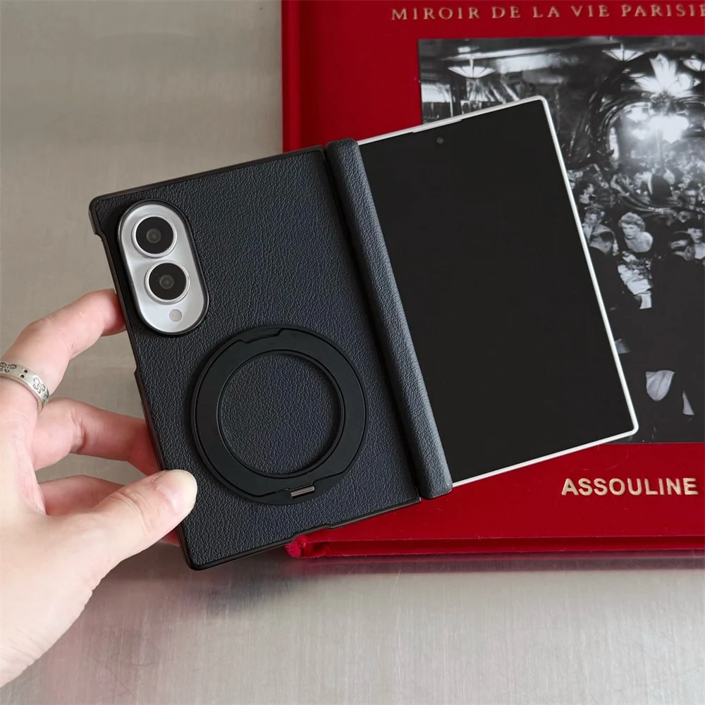 Black PU Leather Magnetic Rotating Bracket Phone Case For Samsung Galaxy Z Fold 8 Business Matte Shockproof Protective Cover
