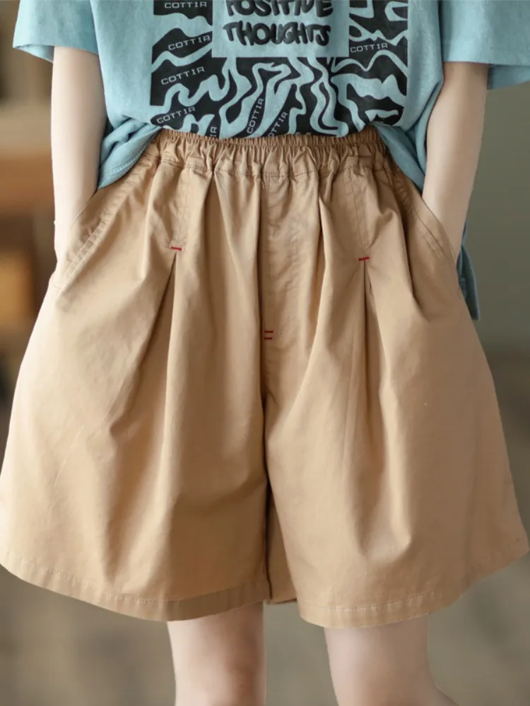 الكاكي ريترو فضفاض بنطال ذو قصة أرجل واسعة المرأة الصيف مرونة الخصر التخسيس خمسة أرباع بناطيل كاجوال تنوعا مستقيم عمال