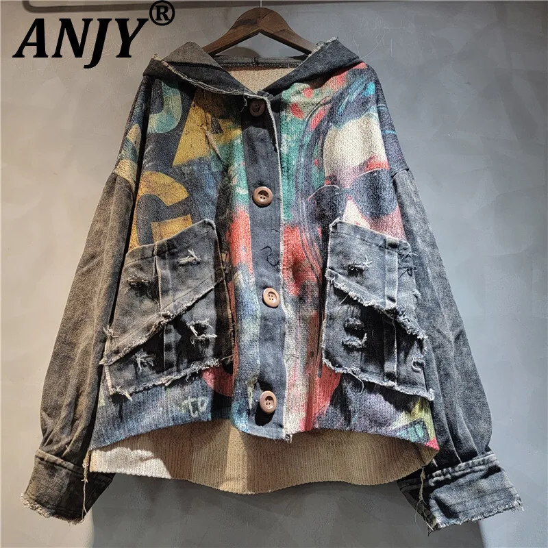 

ANJY Autumn New Women Jacket Knitted Patchwork Contrast Color Letter Printed Denim Hooded Single Breasted Streetwear Coats A9925