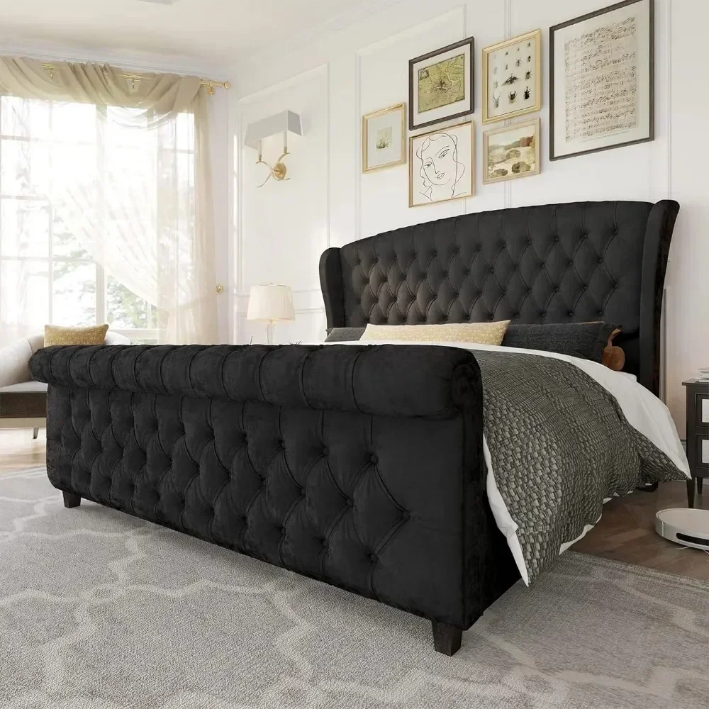 

King Bed Frame, Velvet Upholstered, Headboard with Rolling Wing Back, No Springs Required, Easy To Assemble, King Bed Frame