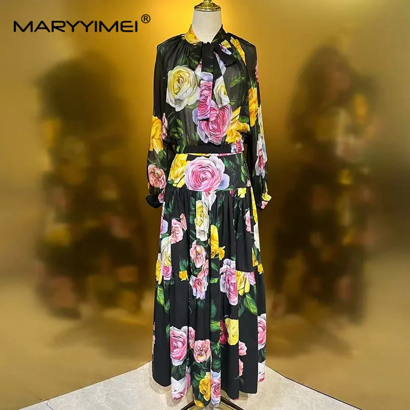 MARYYIMEI Fashion Designer Spring Women's Suit Stand collar Long-Sleeved Tops+Casual Pleated Skirt Elegant Print Silk 2piece set