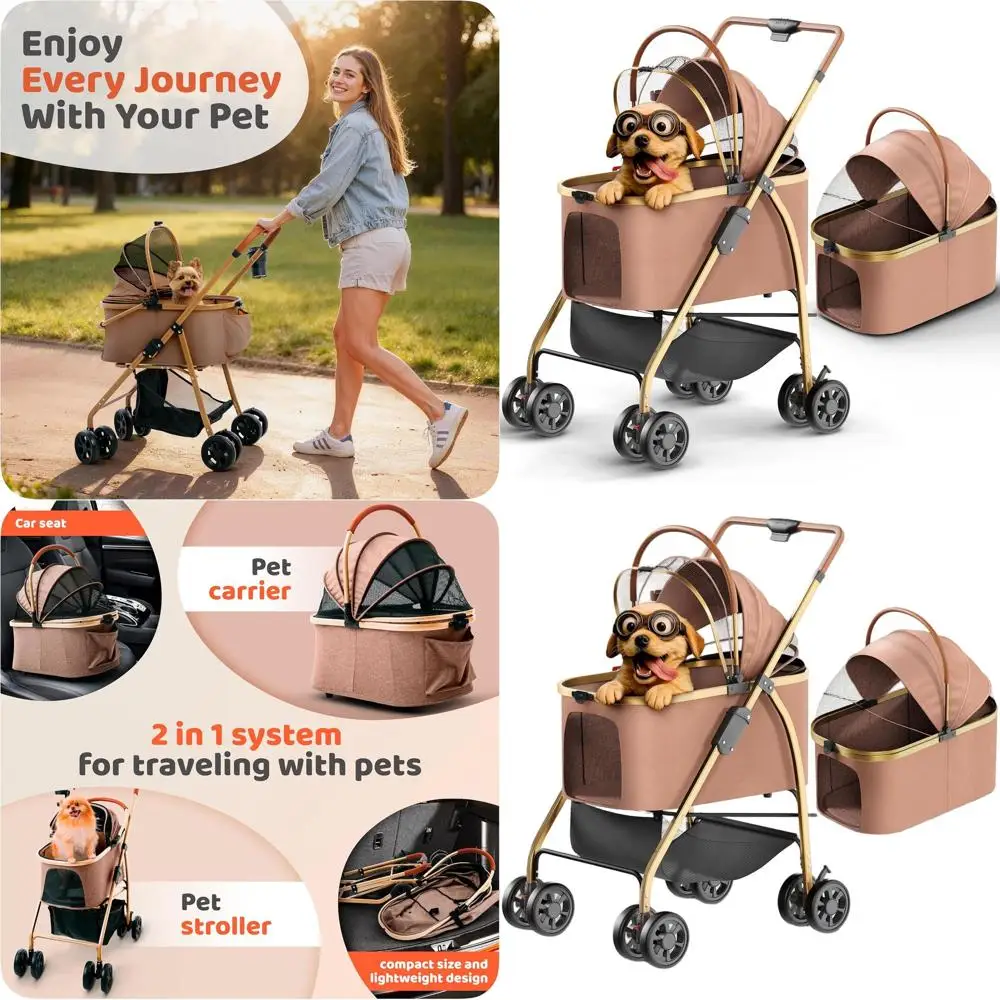 

Convertible Pet Stroller for Dogs and Cats - Lightweight, Folding, Storage, Cup Holder, Brown