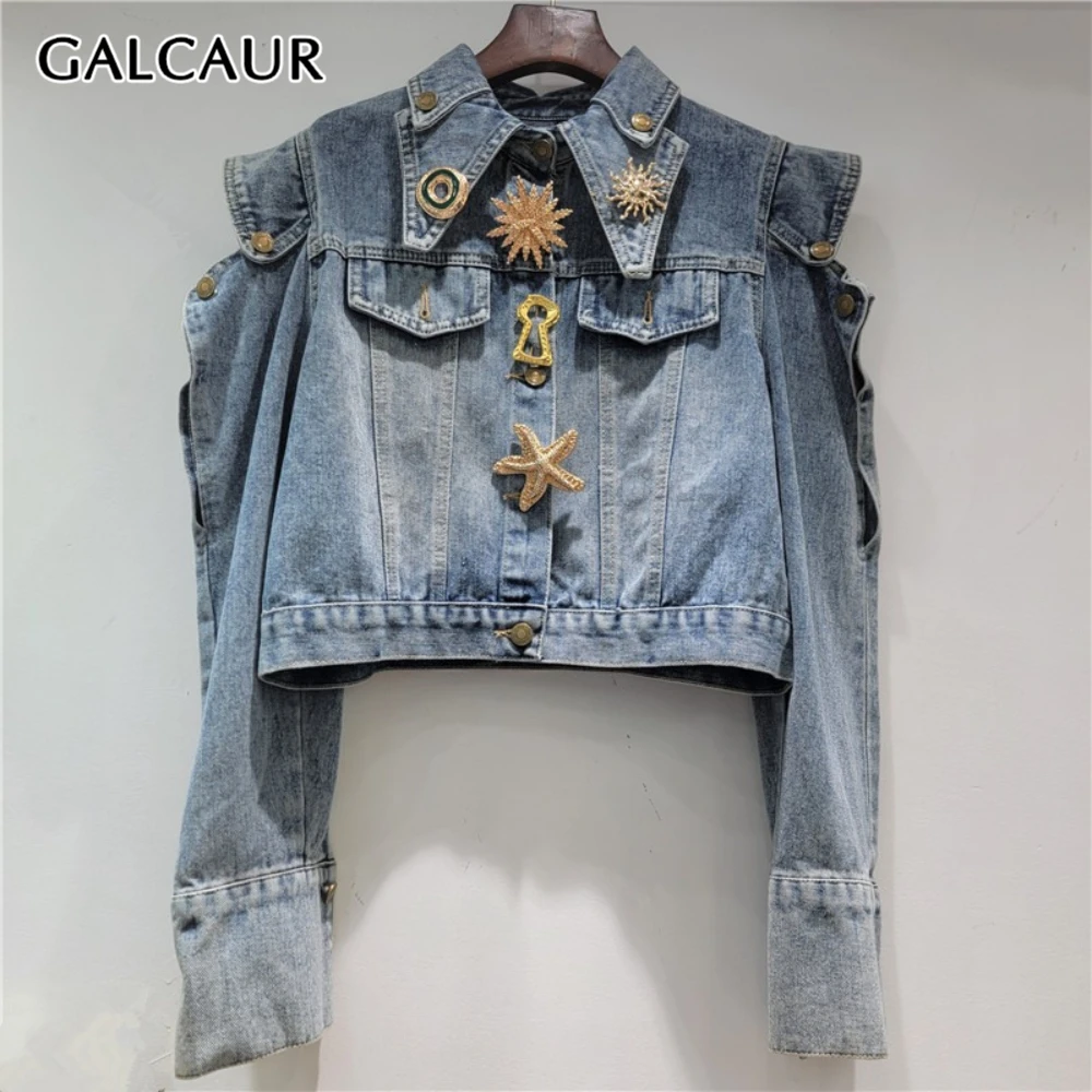 

GALCAUR Blue Spliced Buttons Chic Jacket Female Lapel Long Sleeve Loose Streetwear Design Women's Jackets Autumn Fashion Style