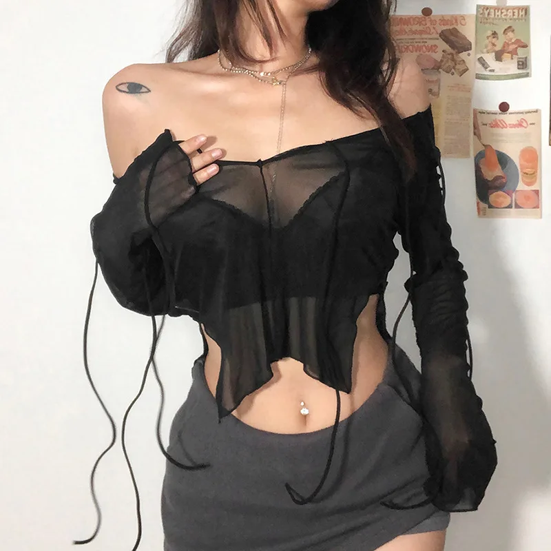 Sexy Lace Up V Neck Long Sleeve Black T Shirts for Women Female Club Wear Mesh Blouses See Through Crop Tops