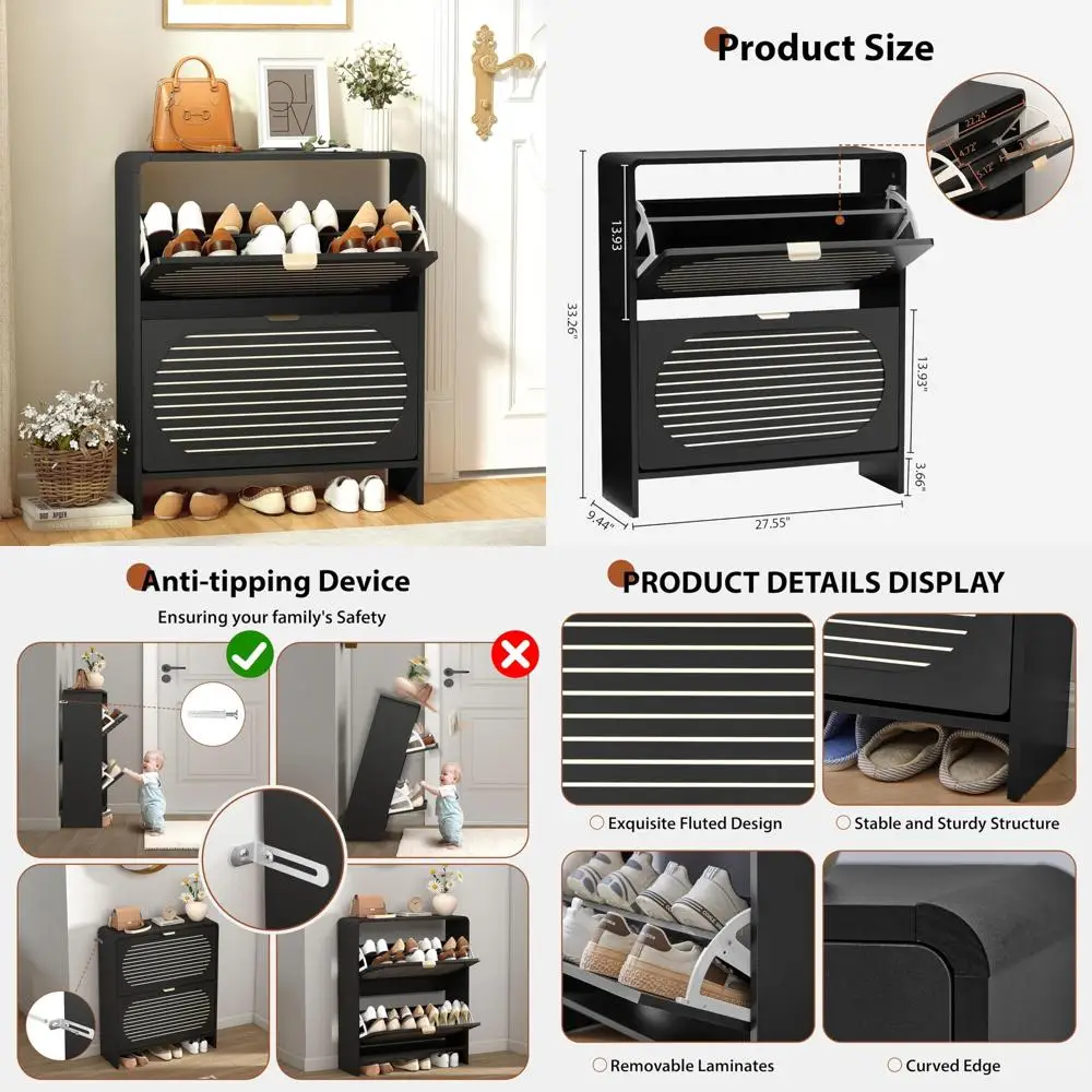 

Современный тонкий шкаф для хранения обуви с двойными ящиками и рифленой аркой, органайзер для обуви в стиле середины века с узкой Cu