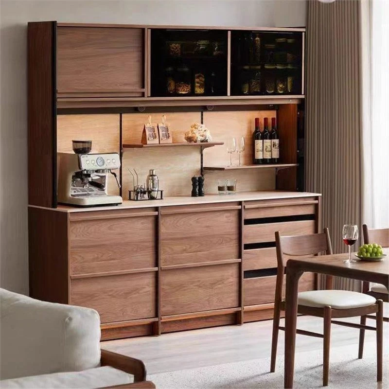 Solid wood slate dining side cabinet, cabinet storage, tea, black walnut restaurant, integrated storage against the wall
