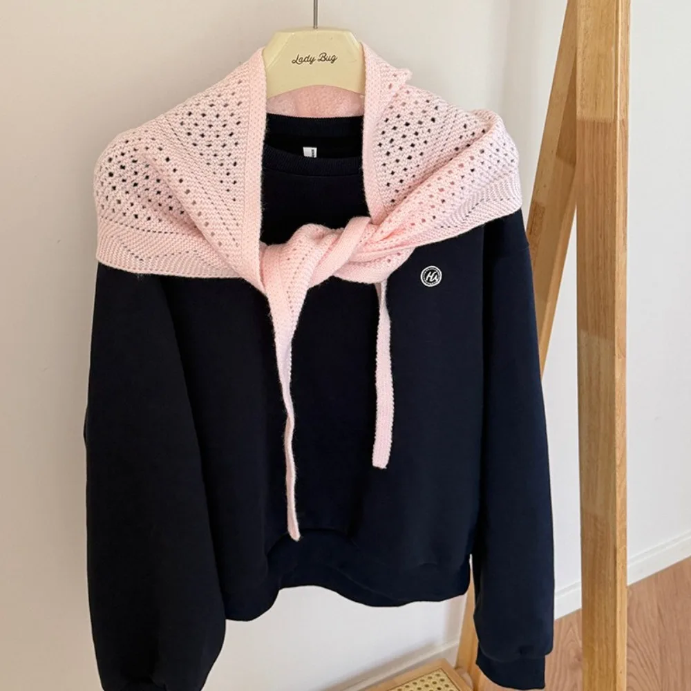 Soft Texture Hollow Out Knitted Triangle Scarf Casual Triangle Shape Headscarf Korean Style Breathable Layering Hem Outdoor Wear