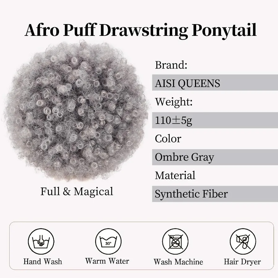 تمديد ذيل حصان أفرو منتفخ كبير جدًا للنساء ذوات البشرة السمراء مع شعر صناعي رمادي أومبير ومجعد ومشبك برباط