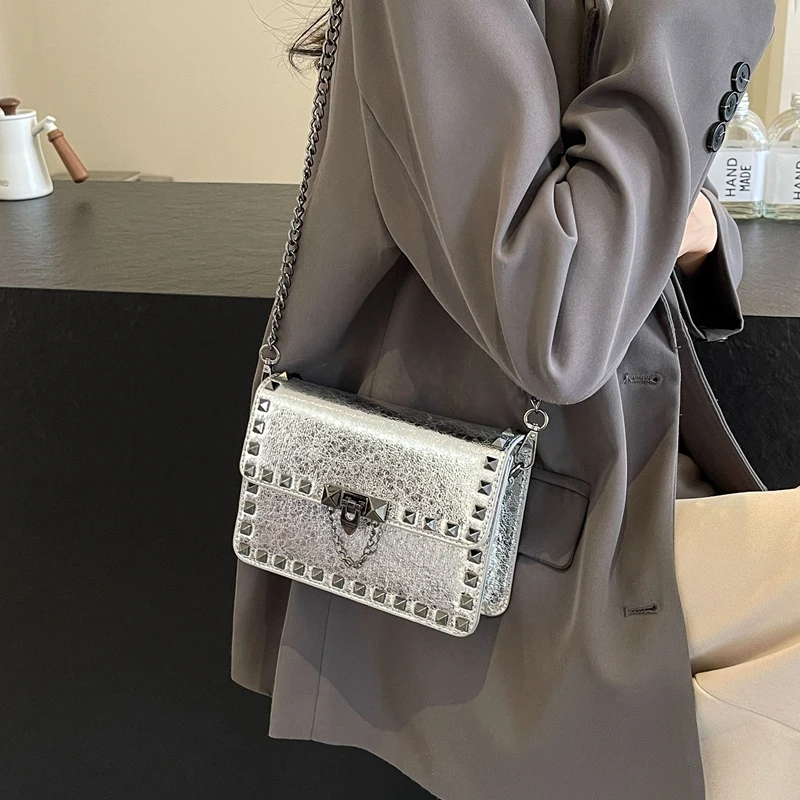 Rivet Small Shoulder Bags For Women Punk style Crossbody Bag Fashion Chain Flap Bag PU Leather Purses Designer Female Handbags