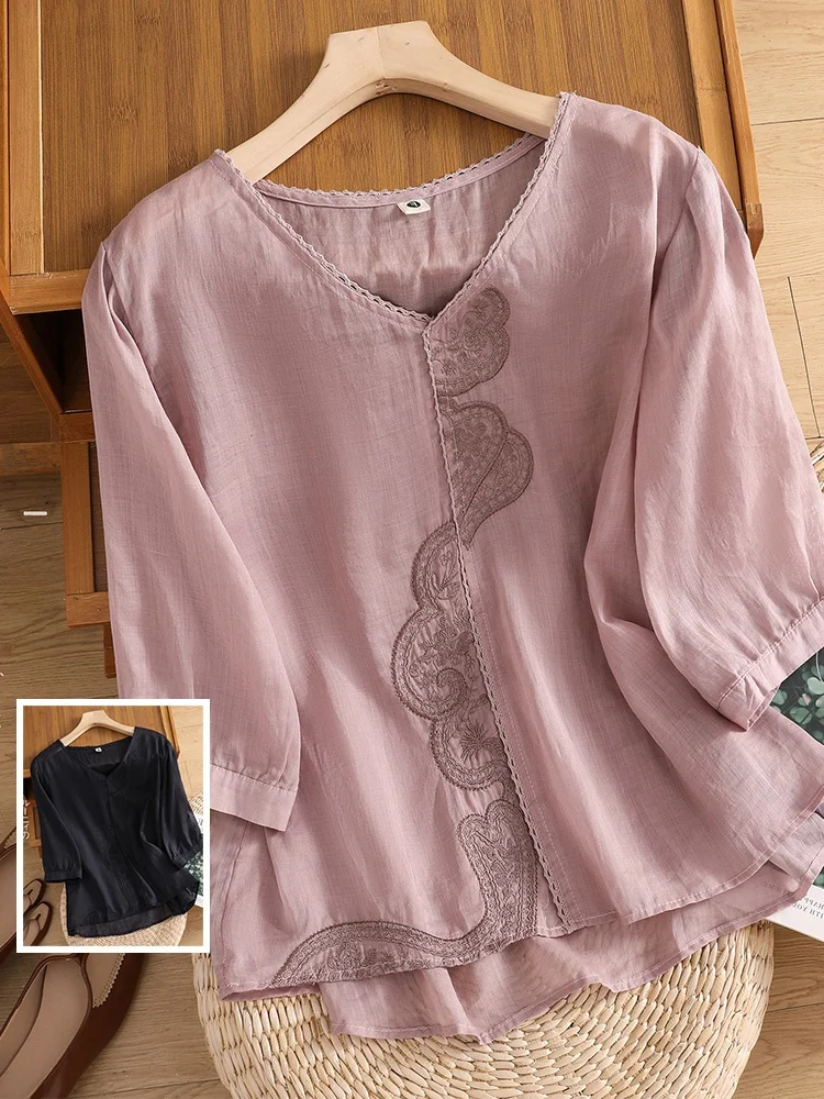 

Футболка из льна с вышивкой в стиле ретро, тонкая кружевная футболка с v-образным вырезом, большие размеры, женский летний повседневный хлопковый топ груша ape