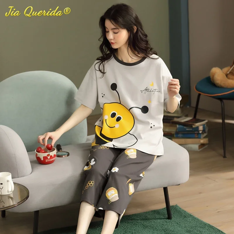 SUKAE Lovely Calf-Length Pants Homewear Cartoon Pyjamas Women Pajama Sets Summer Sleepwear Mujer Nightwear Knitted Cotton Pijama