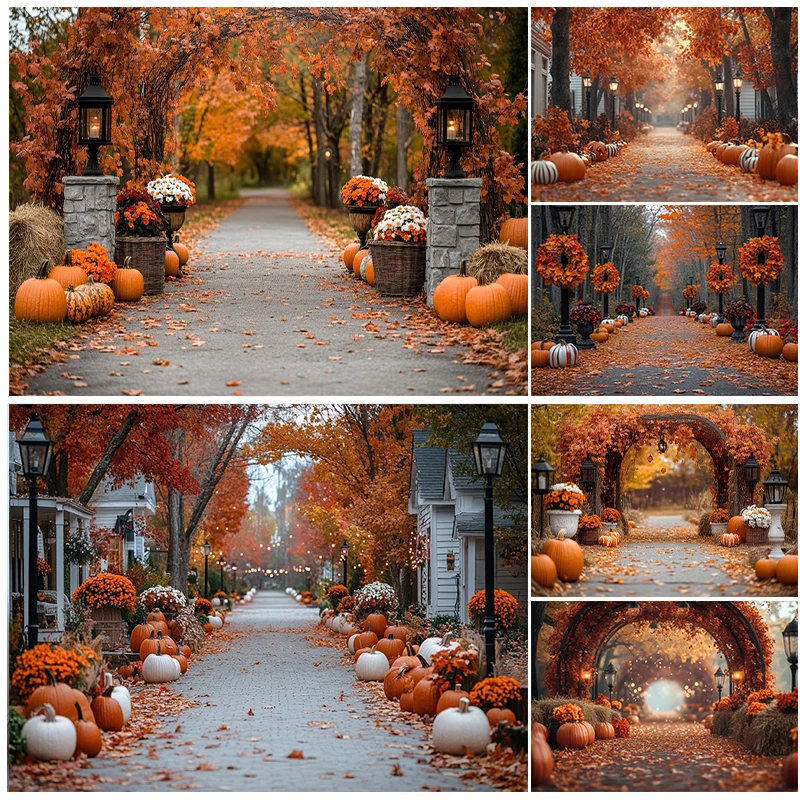 Autumn Forest Park Pathways Photography Backdrop Pumpkin Maple Leaves Kid Family Portrait Thanksgiving Day Decoration Background