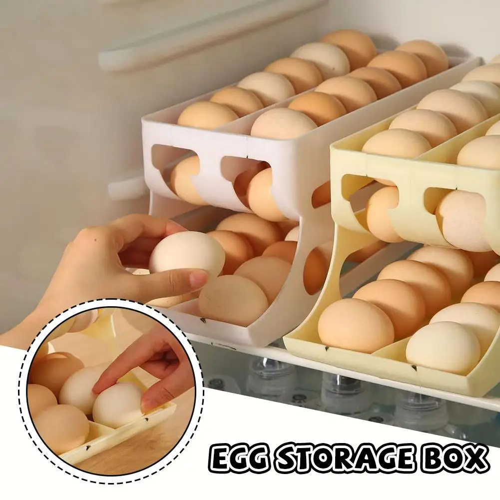 Three Tier Double Row Egg Storage Box Ladder Style 7° Slope Auto Rolling Fridge Egg Holder Large Capacity Space Saving Kitchen