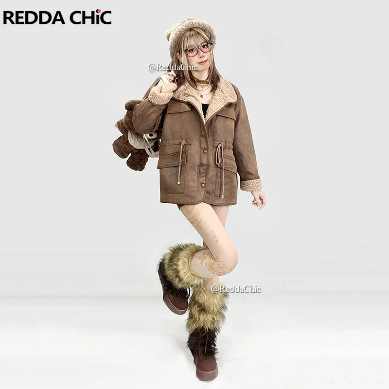 

REDDACHiC Корейская женская замшевая двусторонняя куртка коричневого цвета в стиле ретро на шнурке теплое флисовое кожаное пальто большого размера зимняя верхняя одежда