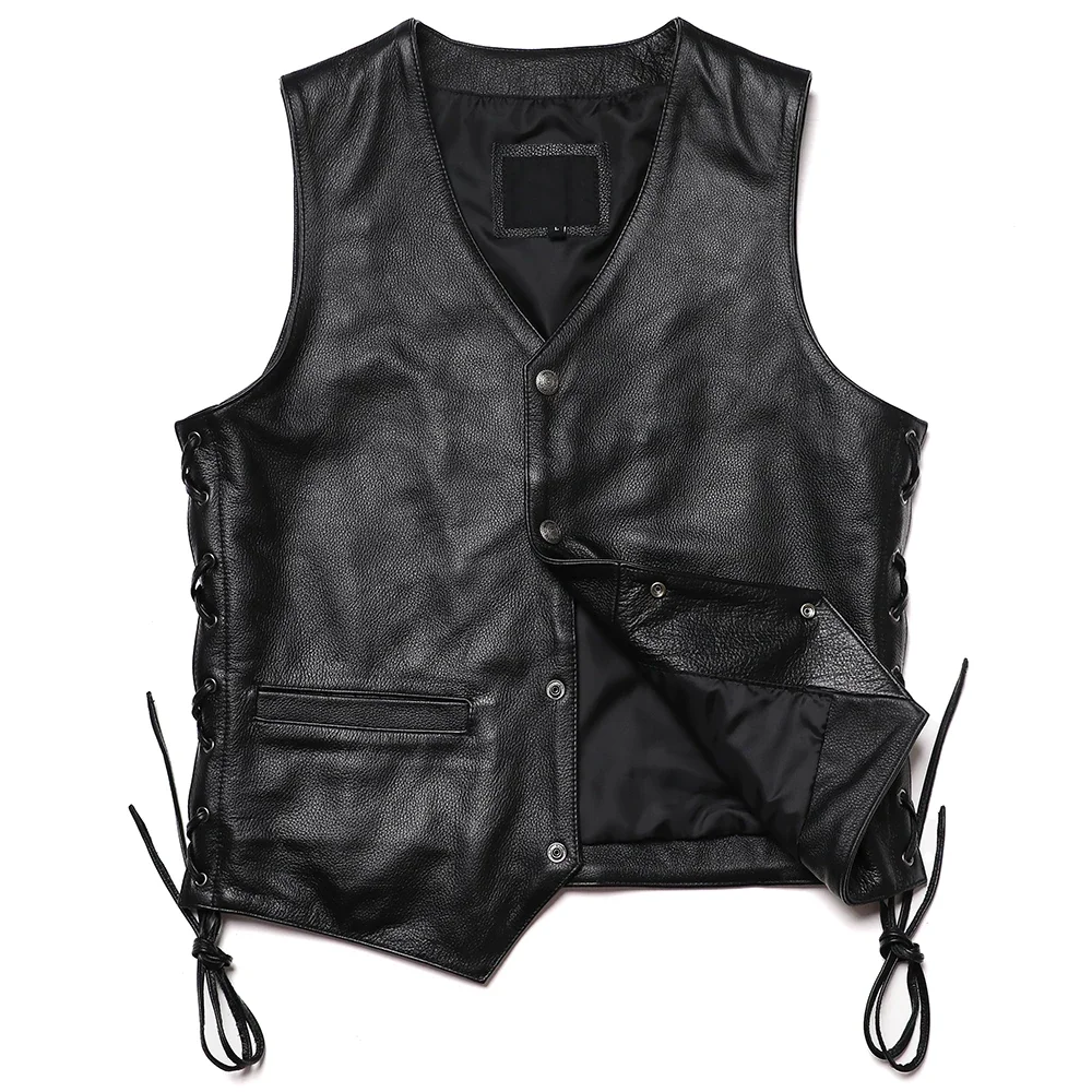 Classical Motorcycle Leather Vest Men's Natural Cowhide Genuine Leather Vest Slim V Neck Tassels Sleeveless Jacket