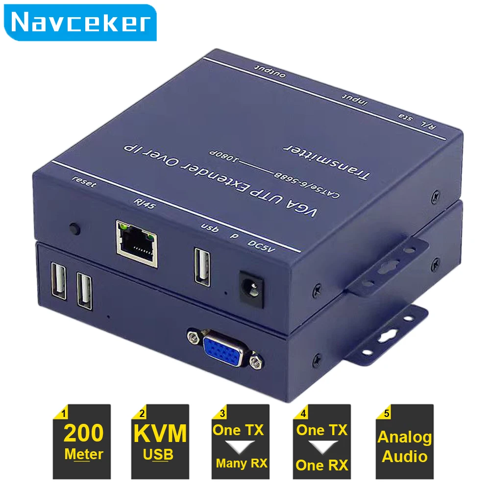 

Navceker 200m IP Network VGA KVM Extender RJ45 VGA Extender USB Over Cat5 Cat5e Cat6 Cable Keyboard Mouse Transmitter Receiver