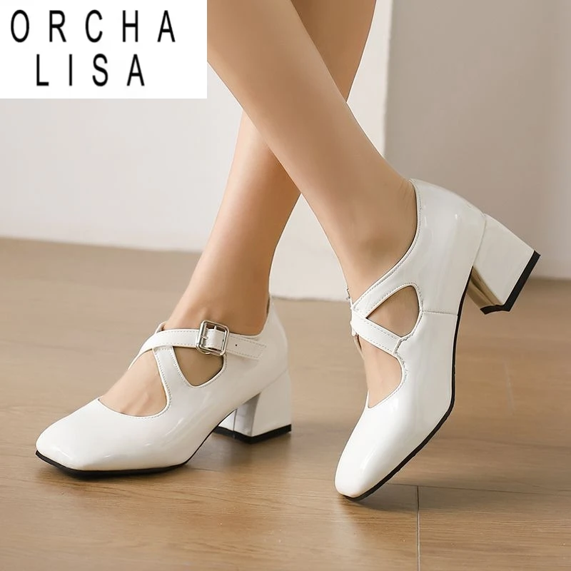 

ORCHA LISA 2025 Новые блестящие женские туфли-лодочки с квадратным носком на массивном каблуке 5,5 см с пряжкой и ремешком, большой размер 46 47 48 Женская весенняя обувь для свиданий