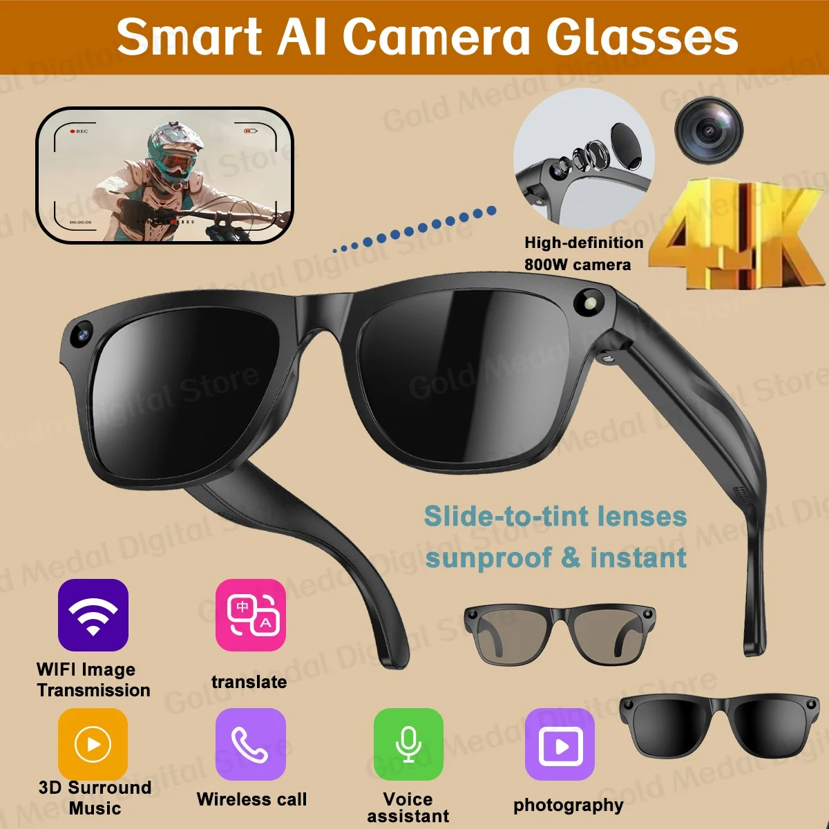 

For Xiaomi AI Smart Glasses Photochromic Glasses 4K HD Camera Chat GPT Bluetooth Call Video Music Touch Translate Sunglasses