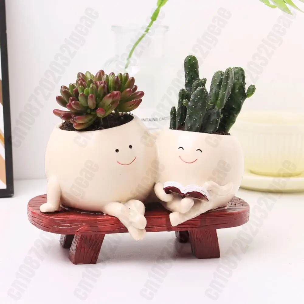 Smiling Face Plant Pot Resin Cute Head Planter Chair Reading Succulent Pots Cute Cartoon Garden Flower Pot For Succulent Plants