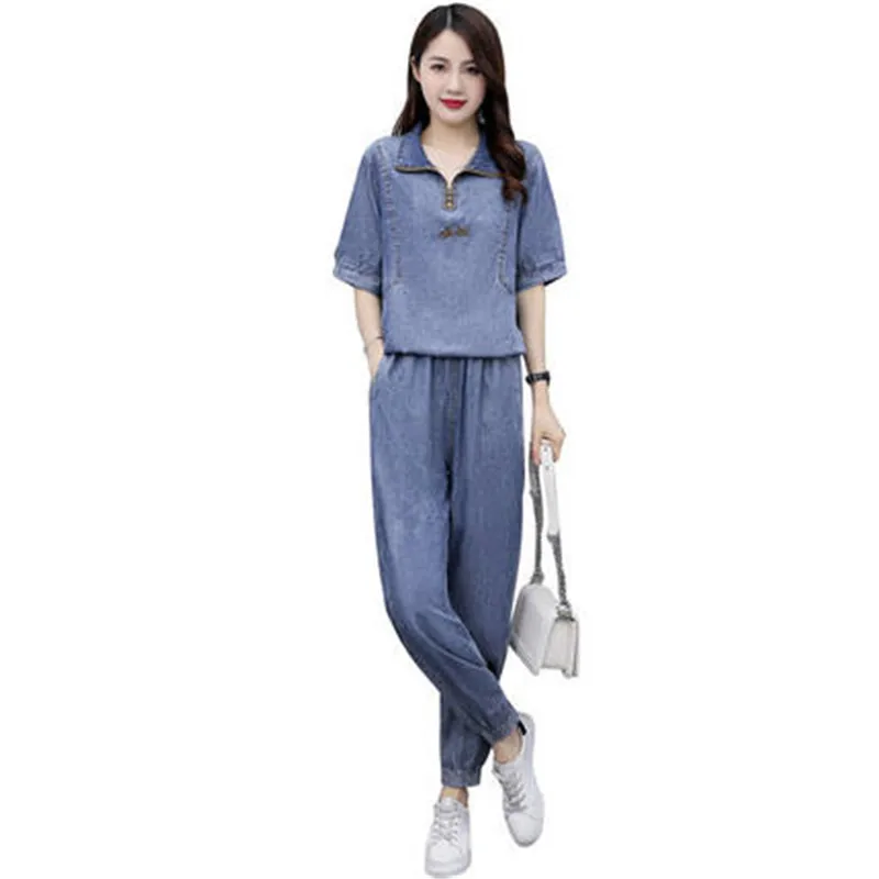 

Denim short sleeve suit summer 2022 new Korean version women's large size slim casual pants two-piece set A890