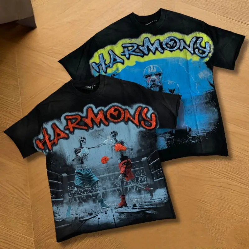 Summer HARMONY Tshirts Heavy Industry Rhinestone Letter Vintage Print Black Round Neck Short Sleeve Tops Men Women Street Outfit