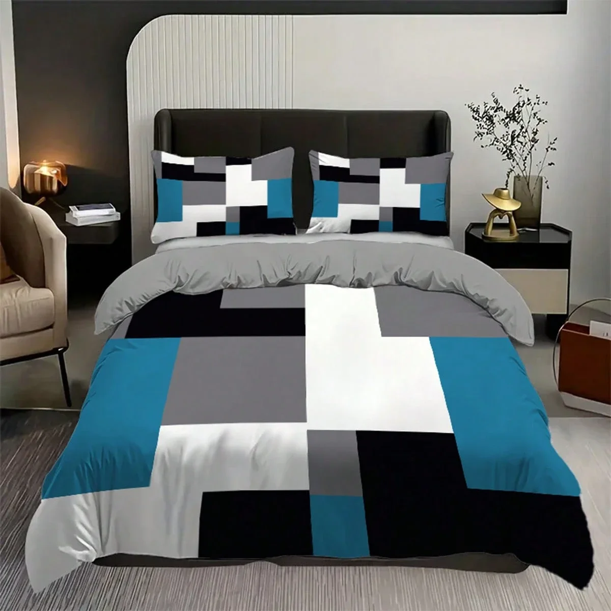 3pcs Blue Black And Gray Plaid Pattern Duvet Cover Set Simple Style Fashionable Pattern Room Decor Single Twin Queen King Size