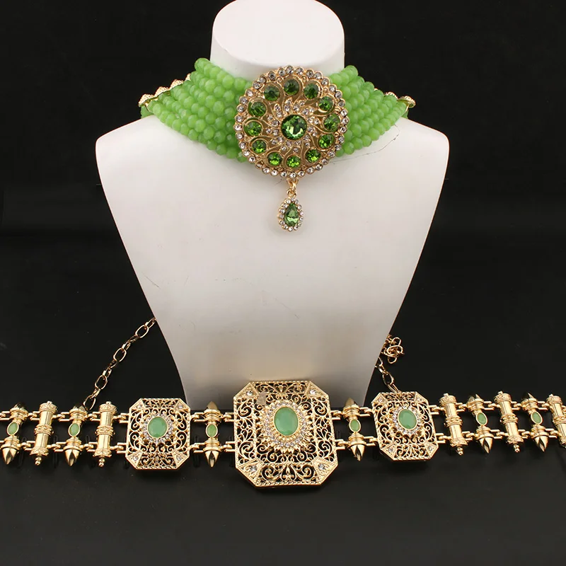 Women Jewelry Set Arab Robe Belt Crystal Brooch Choker Necklace Crystal Pendant Metal Waist Chain Wedding Jewelry Luxury Fashion