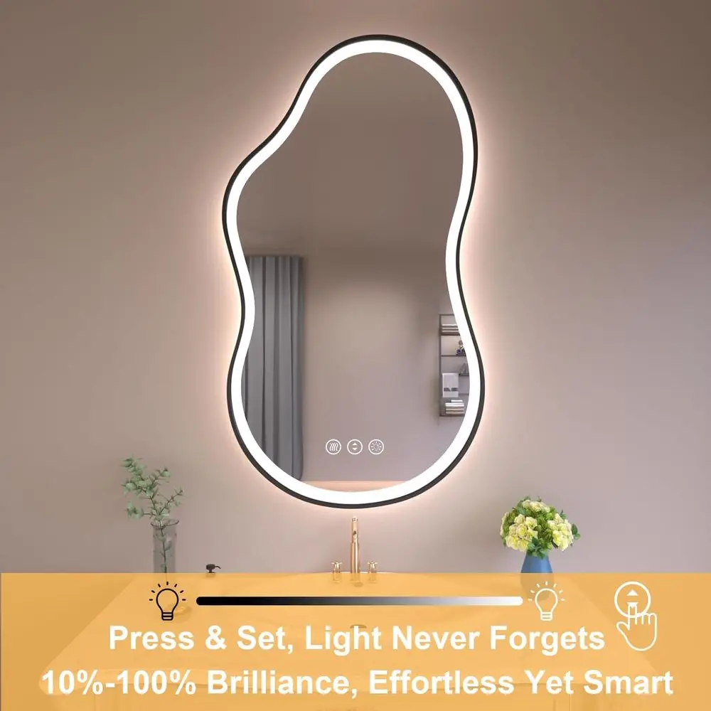 Miroir de salle de bain LED 20 x 36 pouces avec design asymétrique, antibuée, intensité variable en 3 couleurs, verre incassable, horizontal/vertique