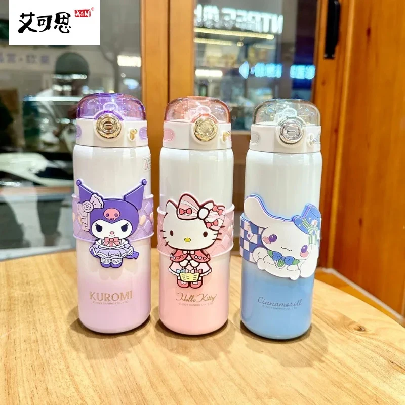 500 ml Kätzchen KUROMI Vakuum-Thermosbecher, isolierte Edelstahlflasche mit Hebeseil, tragbarer Trinkwasserbecher für den Außenbereich