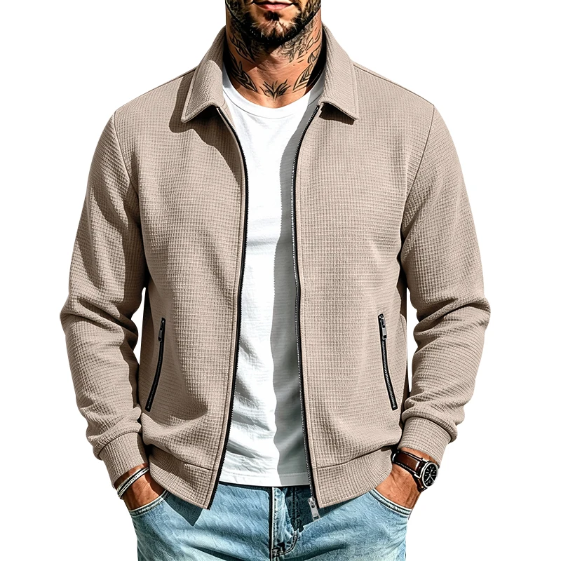 Herren Frühlings- und Herbstjacke aus Waffelstrick mit Reißverschluss, lässig, locker, leicht, mit Kragen, für den Alltag. – Detail 8