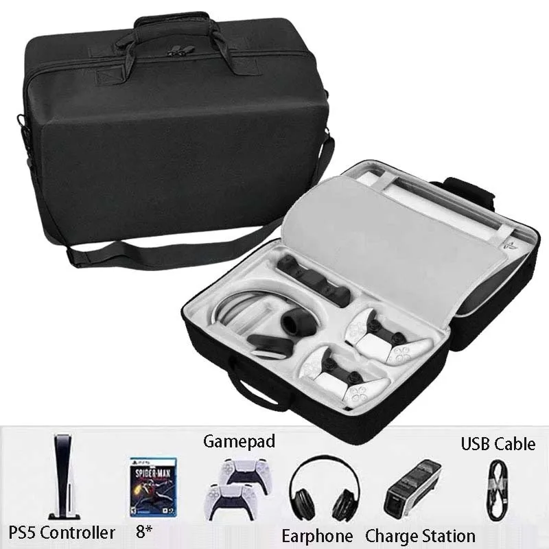 

for PS5 Storage Bag Shoulder Strap Handle Carry Case Shockproof Hard Pouch Zip Box Game Conosle Headset Holder Organizer