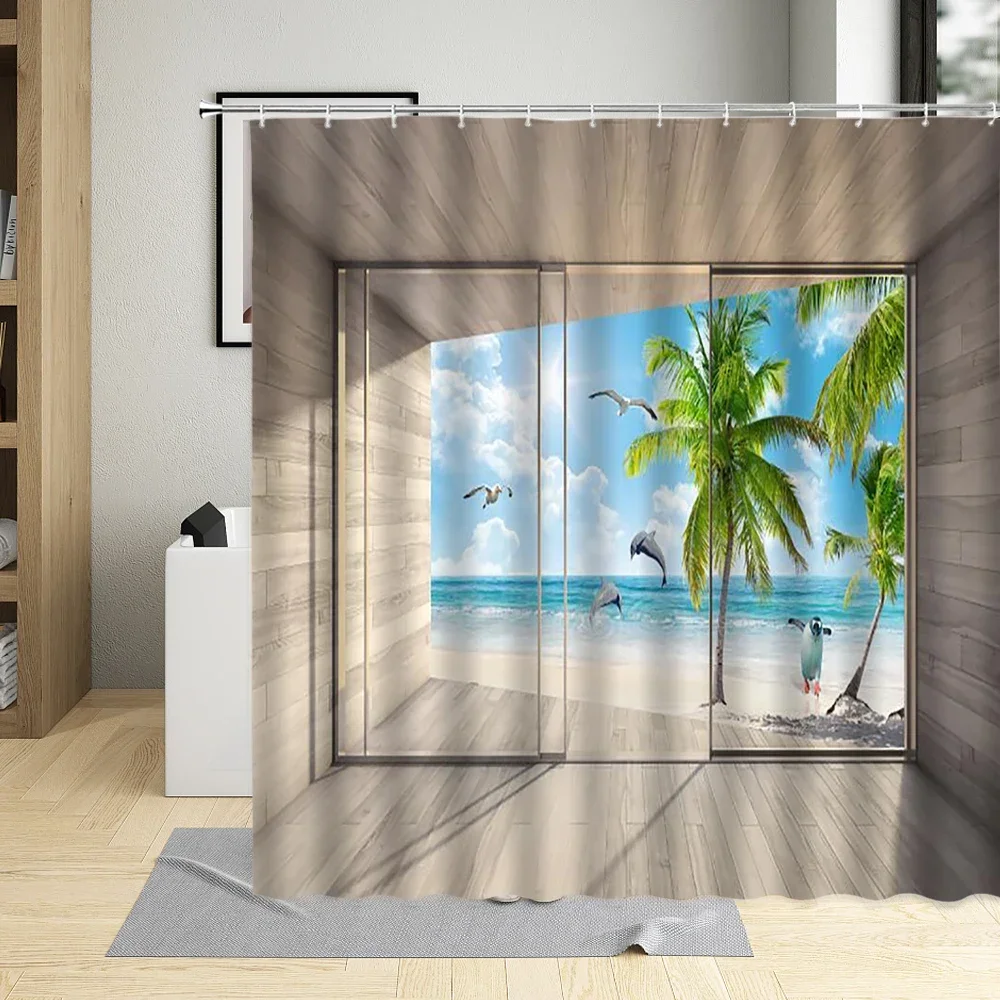 3D Window View Shower Curtain Seaside Sandy Beach Coconut Tree Bathroom With Hook Waterproof Washable Fabric Decorative Suit