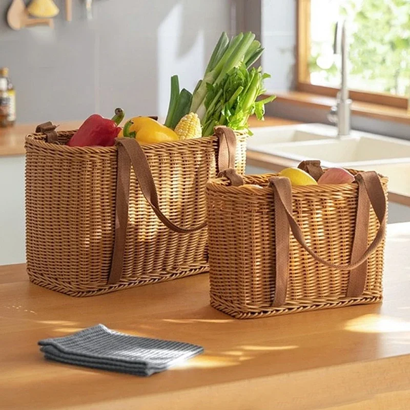 Handwoven  Basket Outdoor Picnic Baskets Rattan Kitchen Fruit Vegetable Bread Shopping Basket Bath Organizer with Handle Runner