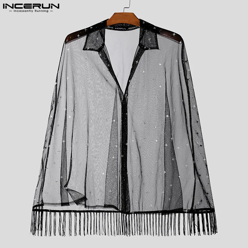 2024 Men Irregular Shirt Cloak Mesh Shiny Streetwear Tassel Men Clothing Transparent Sexy Fashion Party Nightclub Shirts INCERUN