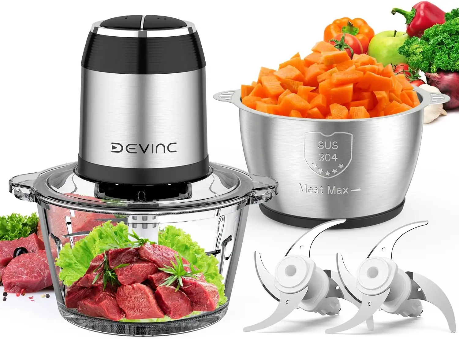 

Food Processors, Mini Meat Grinder & Veggie Chopper With 2 Bowls (8 Cup+8 Cup), Electric Food Chopper With 2 Sets Of Bi-Level