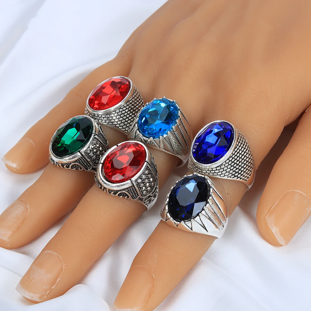 20Pcs/Lot Fashion Vintage Imitation Gemstone Glass Rings For Men Women Mix Color Style Retro Jewelry Party Gifts