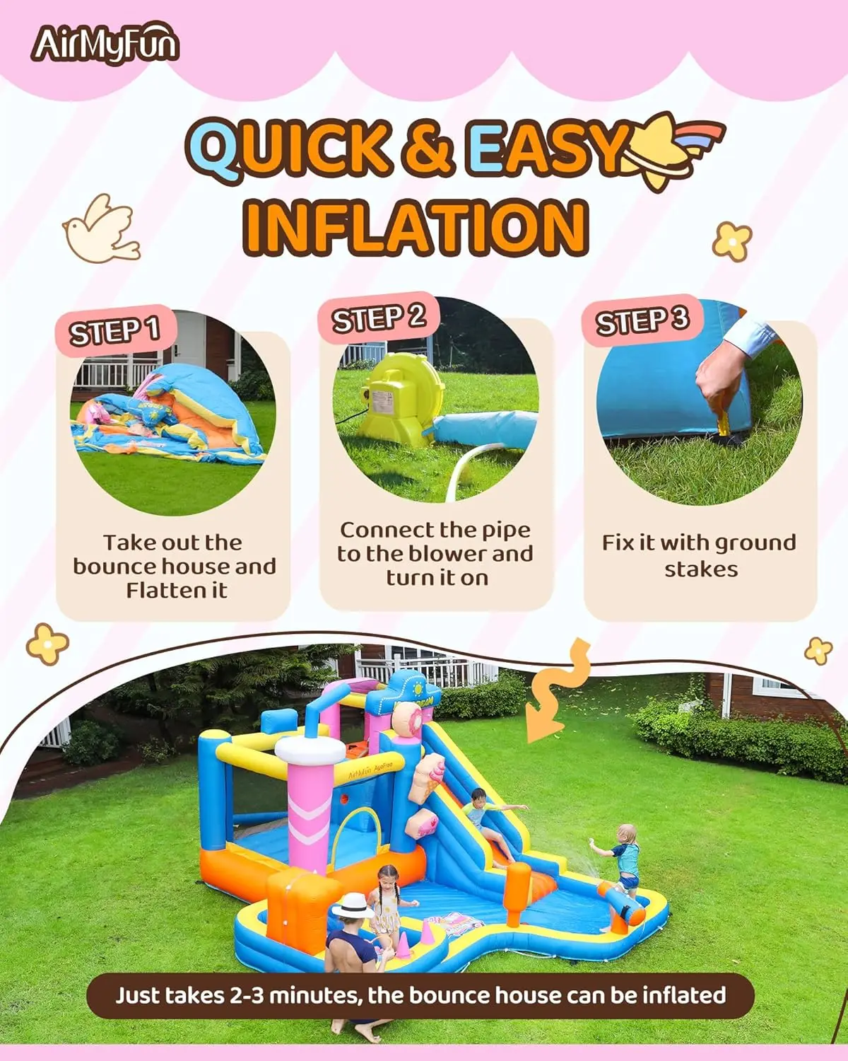 منزلق مائي قابل للنفخ من Bounce House، منزل ترتد للأطفال الكبار 8-12 موضوع الآيس كريم الحارس، مع مسدس ماء وحفرة كروية