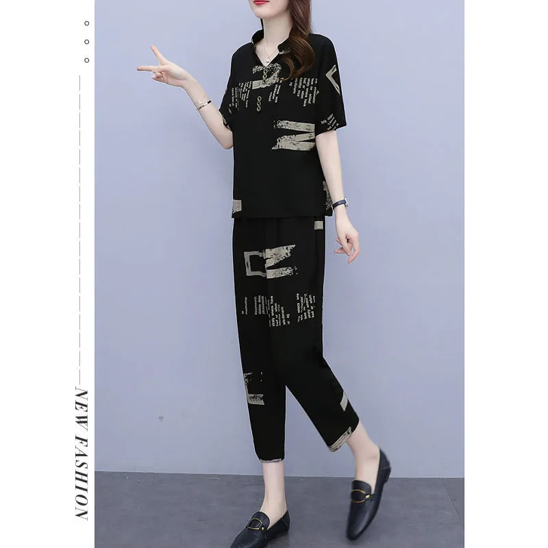 2024 Summer New Women\'s Pullovers Stand Collar Button Printed Fashion Elegant Loose Short Sleeve Comfortable Elastic Pants Set