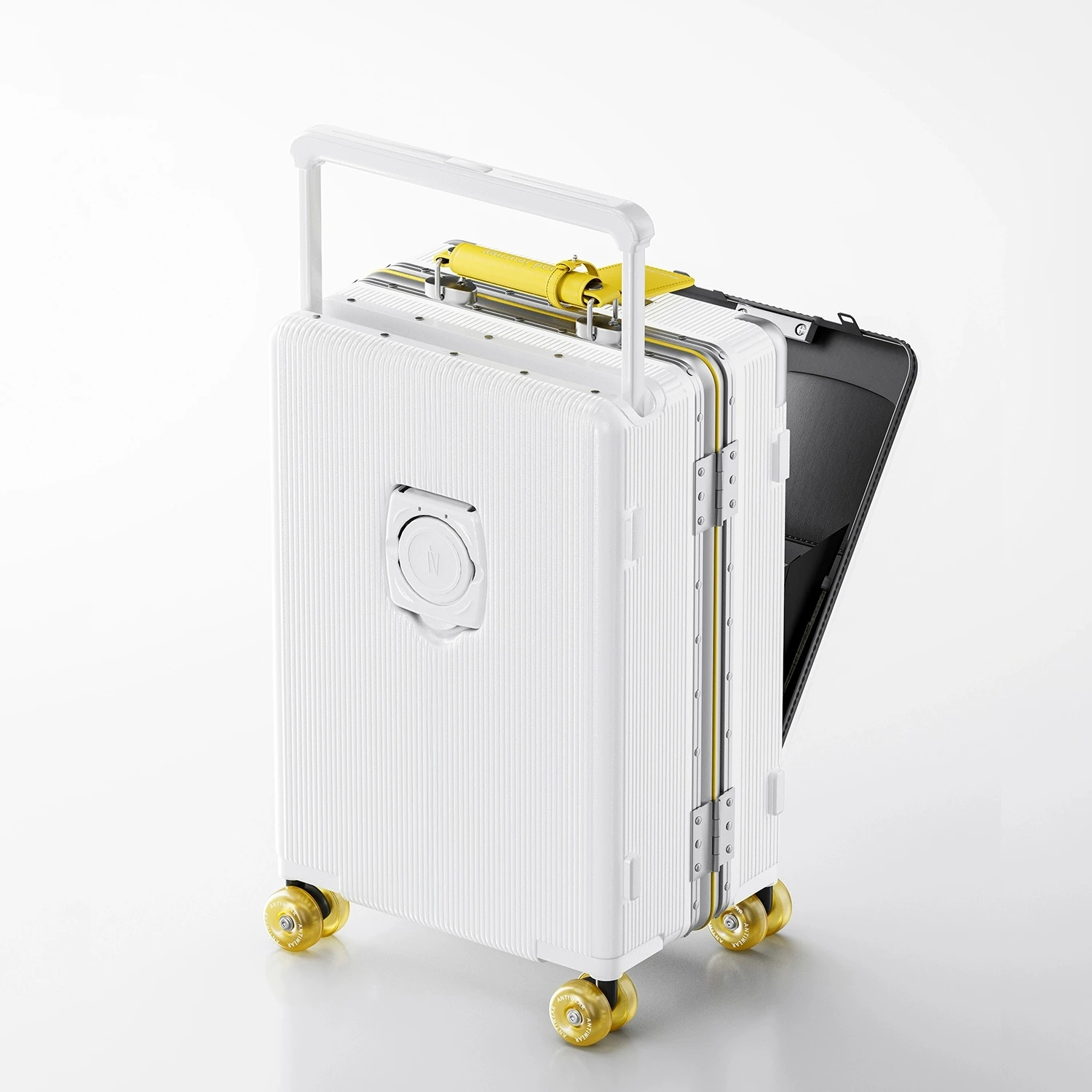 حقيبة فتح أمامية بمقبض واسع حقيبة تروللي بعجلات مع إطار من الألومنيوم عجلة دوارة ملونة قابس شحن USB 20 أمتعة دوارة #3