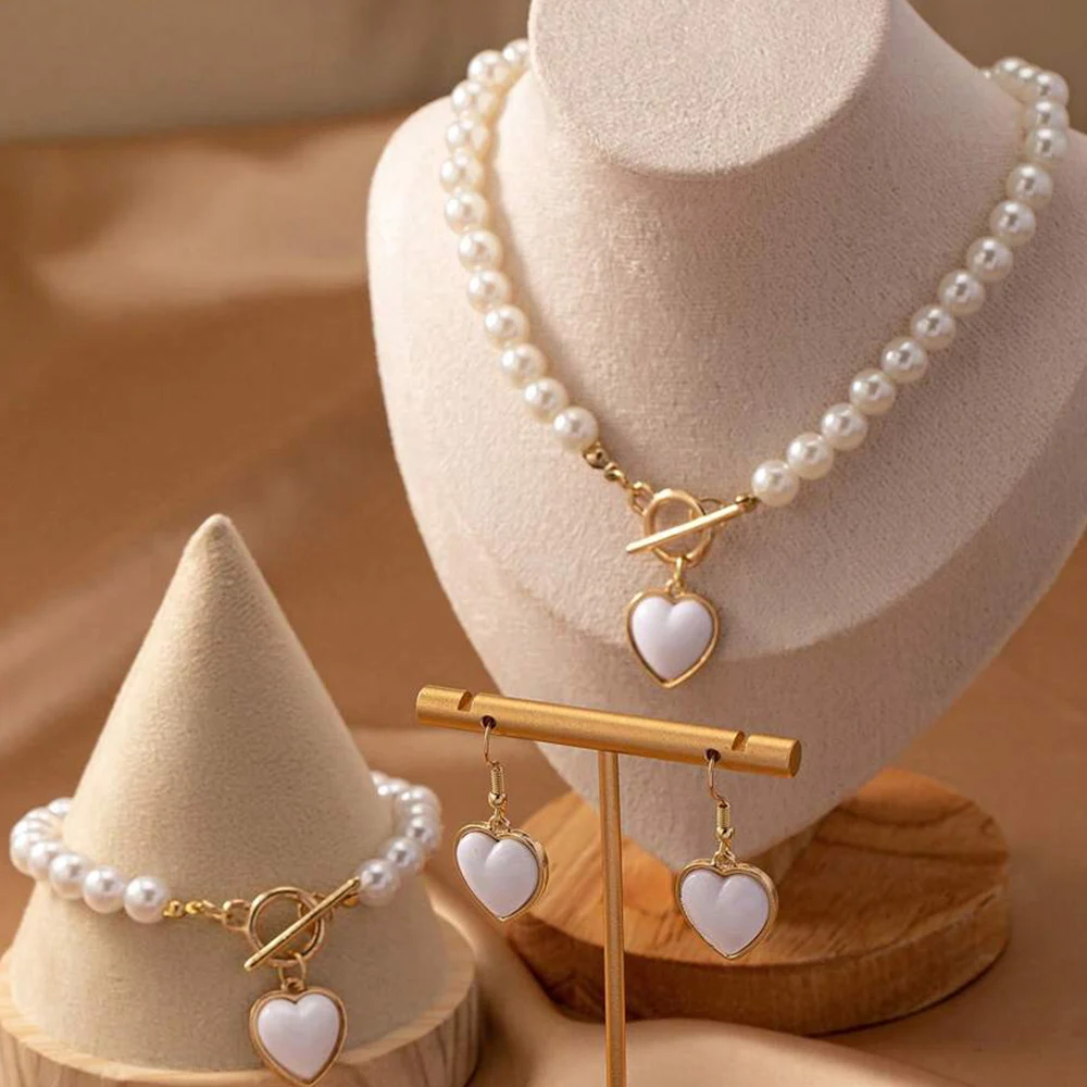 3 PCS Set Pearl Effected Rose Charm Imitation Pearl Necklace Bracelet Earring Stud Set Heart Pendant Necklace Jewelry Set Gift image 5