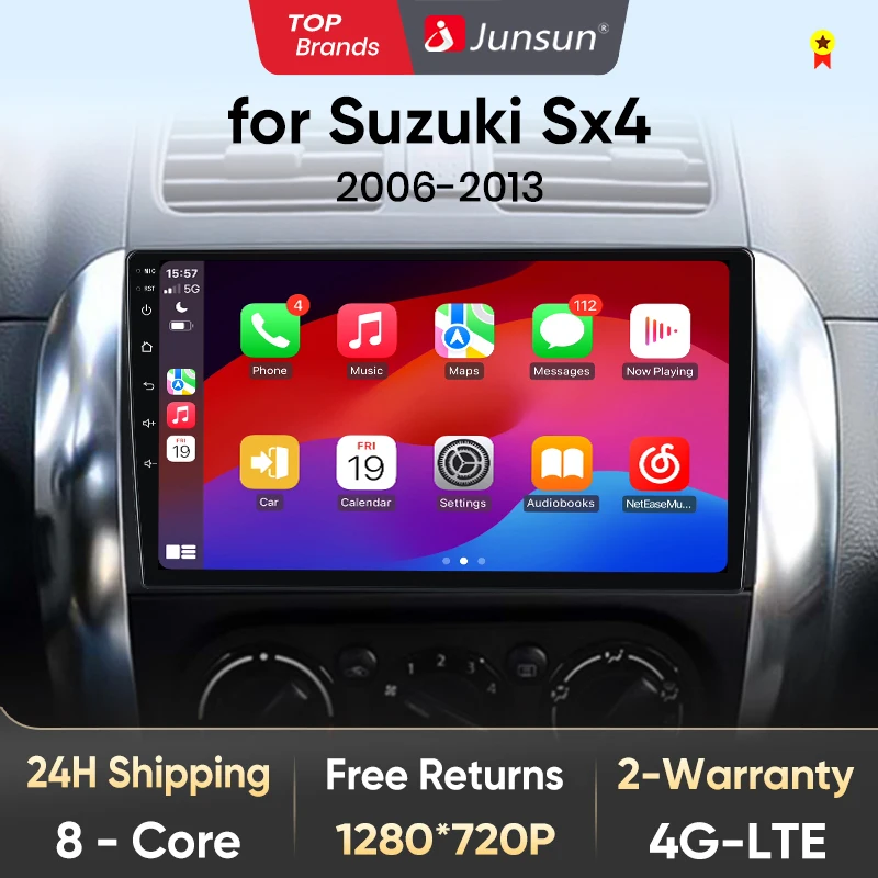 Junsun-V1 Wireless CarPlay Android Auto Radio pour Suzuki, SX4, 2006-2013, Fiat Sedici, 2005-2014, Limitation de la voiture, GPS, 2Din Autoradio