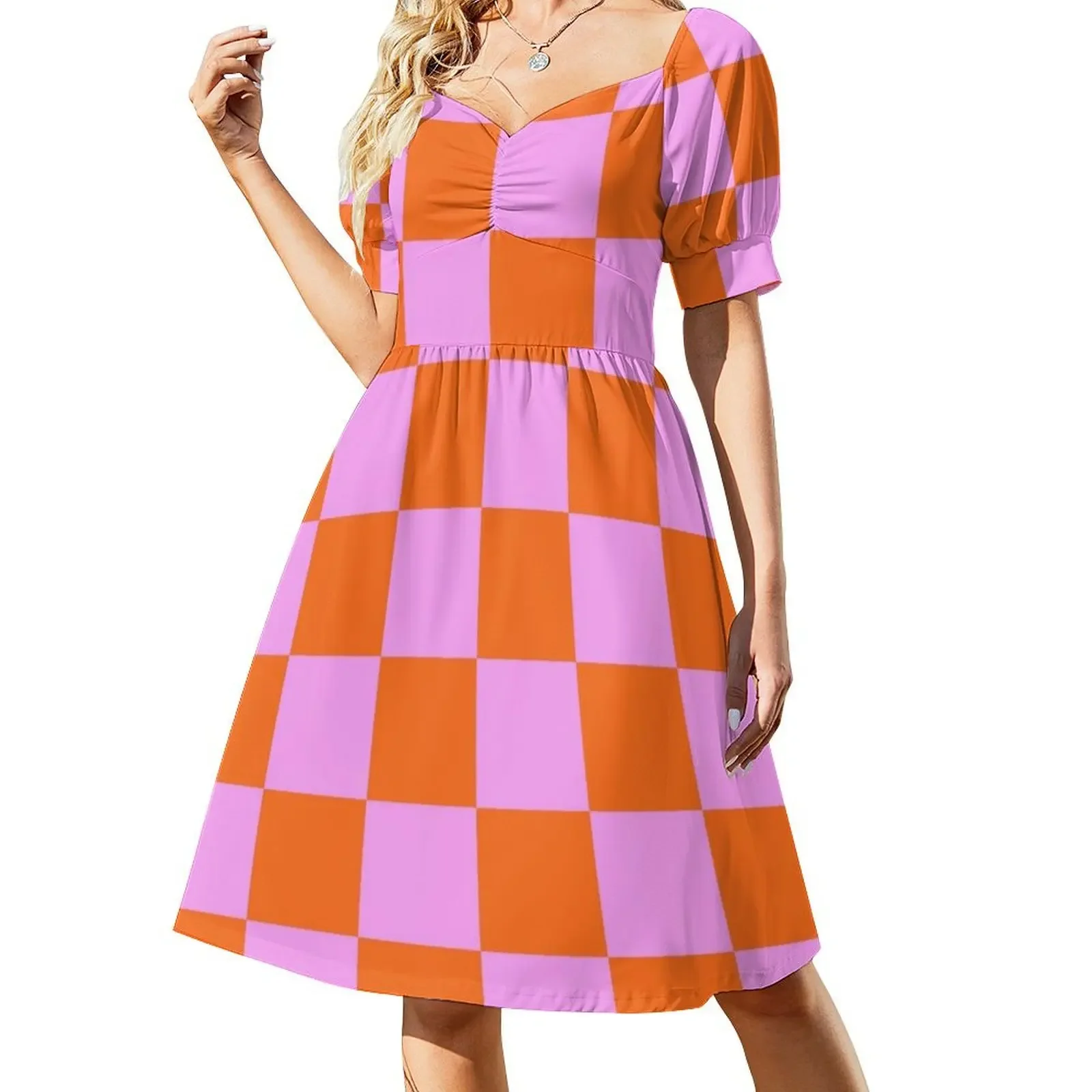 

Checkerboard Retro Check Geometric Checked Pattern in Bright Orange Red and Pink Sleeveless Dress Womens dresses Dress