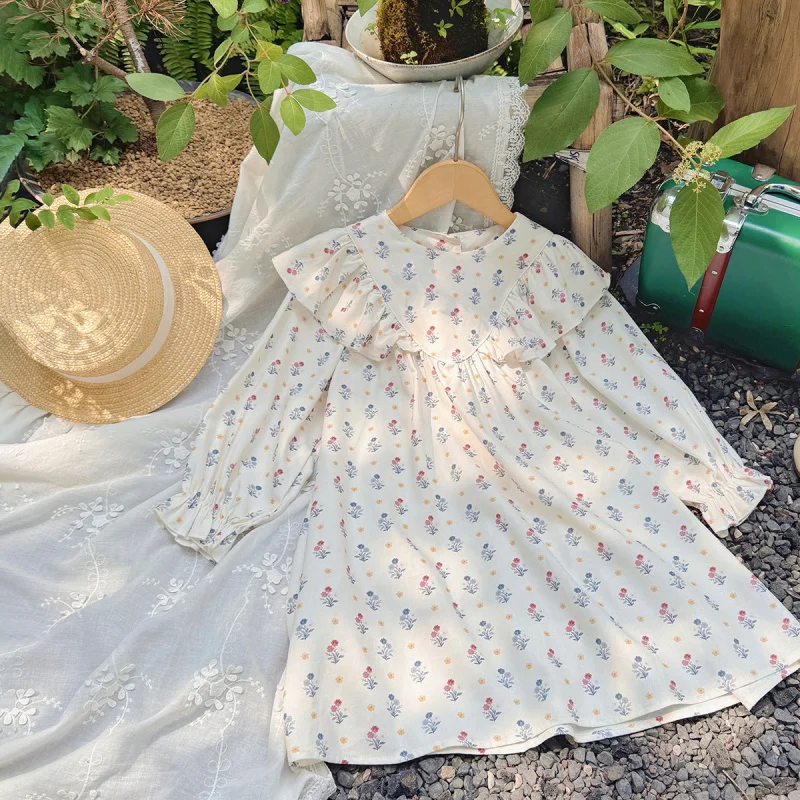 Children's clothing lotus leaf collar long-sleeve girls' dress2025Autumn Floral Cotton Sweet Children's Dress Wholesale