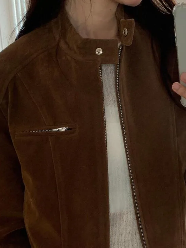 

Шикарная осенняя модная замшевая куртка на молнии Long Sve, женский ор-дизайн, элегантный модный топ в Корейском стиле, свободный крой