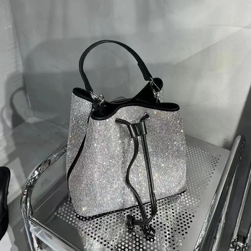 Luxury Crystal Shiny Rhinestone Diamond Bucket Bag Female Bling Evening Bag Lady Purse Women\'s Handbag Shoulder Messenger Bag