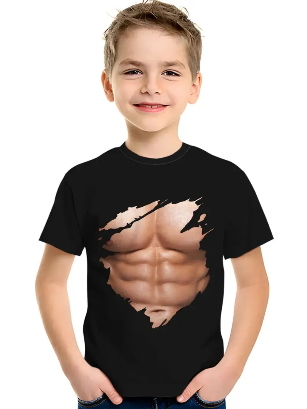 العضلات الاطفال تي شيرت العضلات تي شيرت مطبوع الصيف عطلة الشاطئ الصبي قصيرة الأكمام ثلاثية الأبعاد الطباعة الرقمية تي شيرت عادية الأطفال بلايز