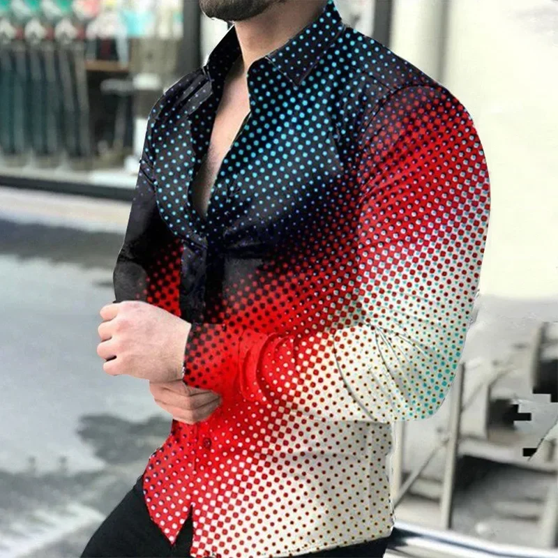 

2023 Spring and Autumn fashion slim men's shirt top 3D totem polka dot lapel gradient color long-sleeved shirt clothing