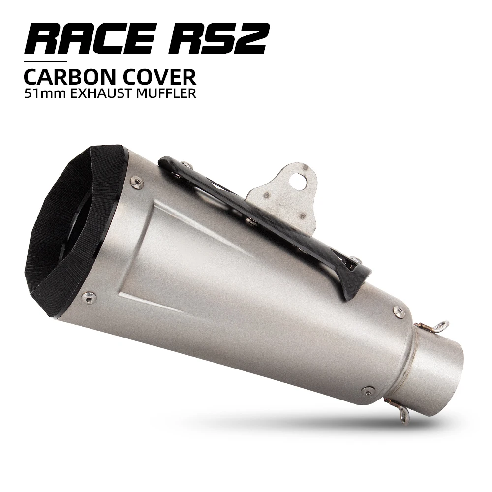 Universal 51MM Race RS2 Motorcycle Exhaust Muffler with Carbon Cover for R3 CBR500R GSR400 VERSYS250 VSTROM650 TNT600 450NK ZX6R