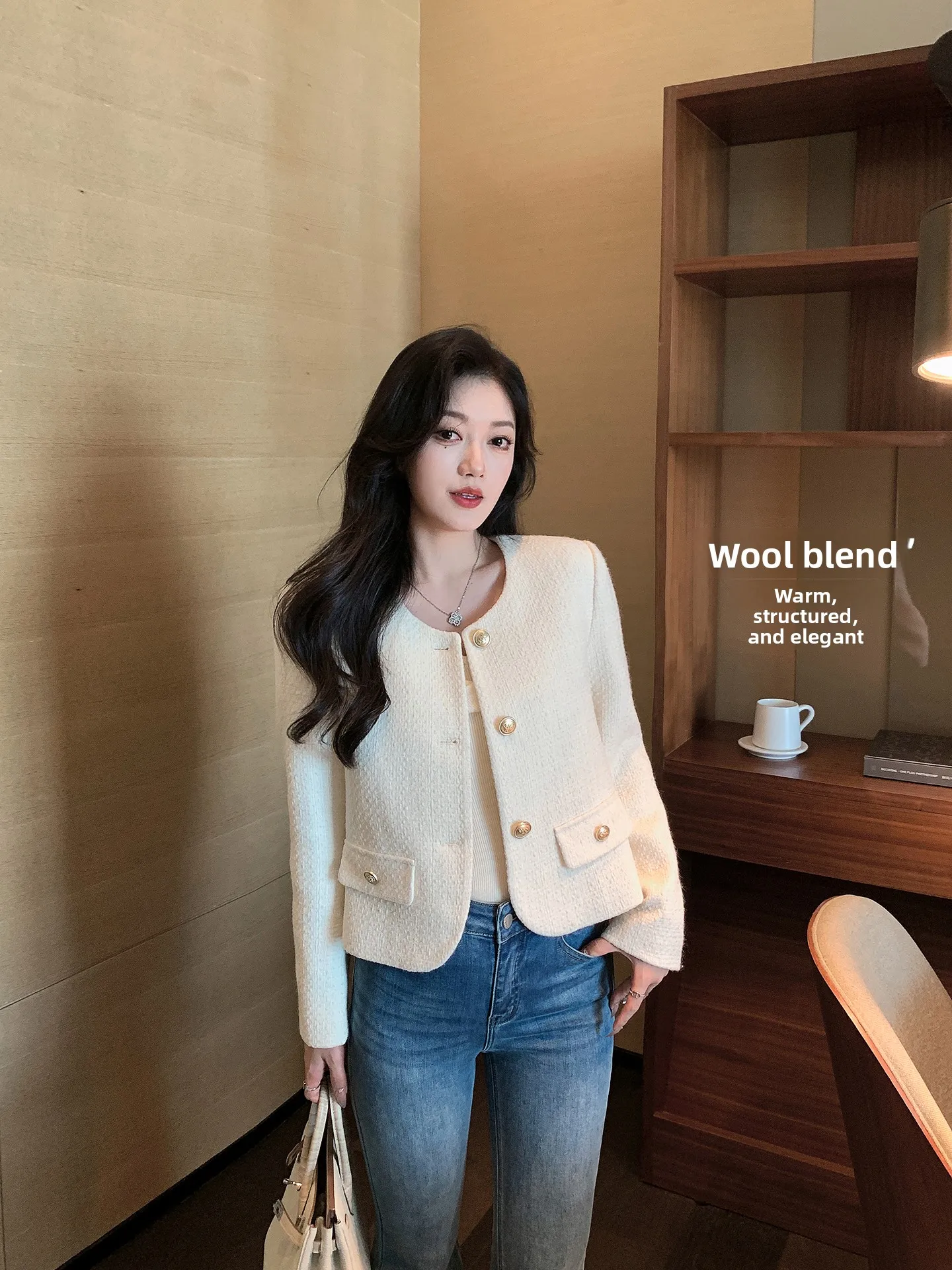 

Белая стеганая куртка женская модная шикарная осенняя корейская женская куртка с украшением на пуговицах прямого кроя из полиэстера и шерсти...